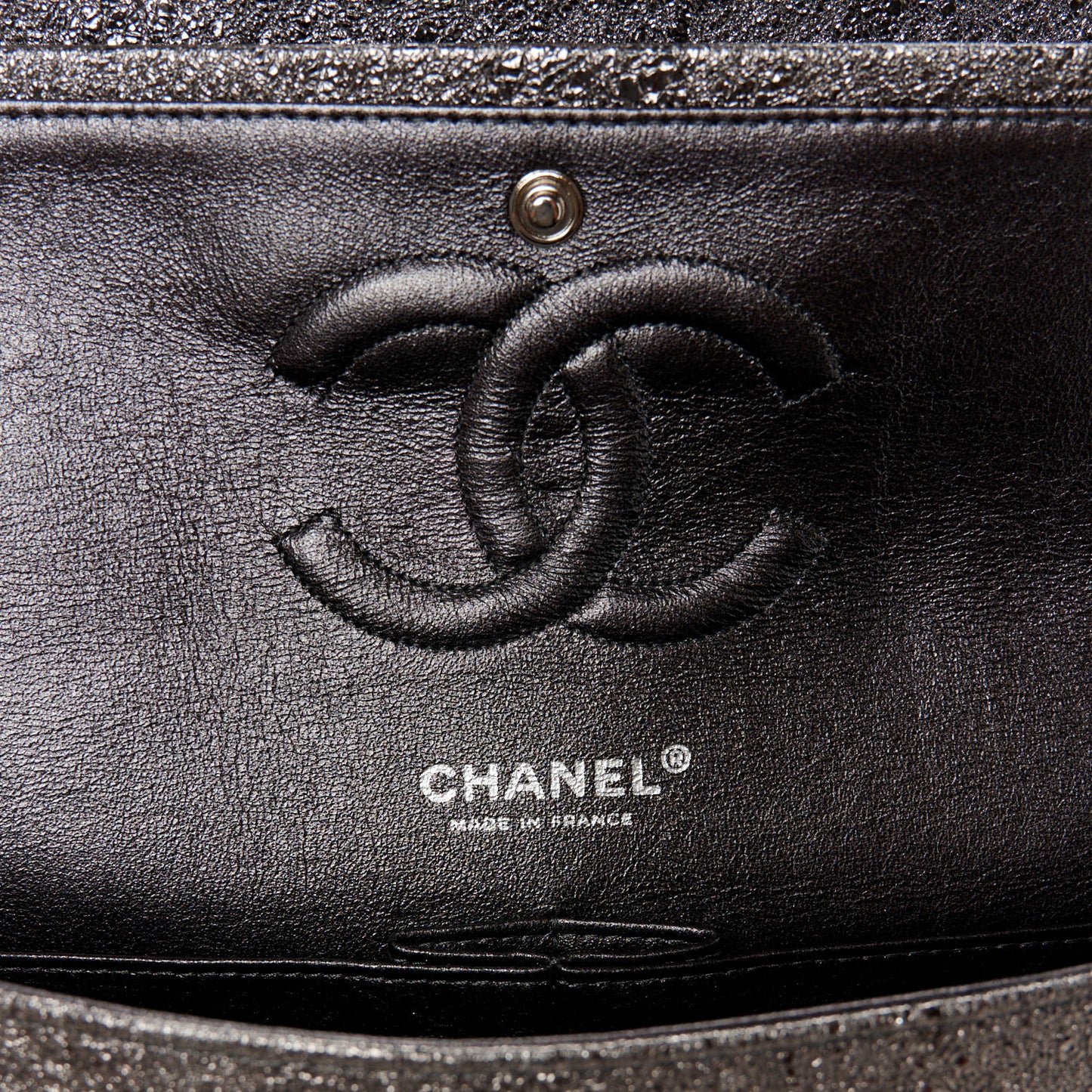 Metallic Crackled Calfskin Medium Double Flap Dark Silver