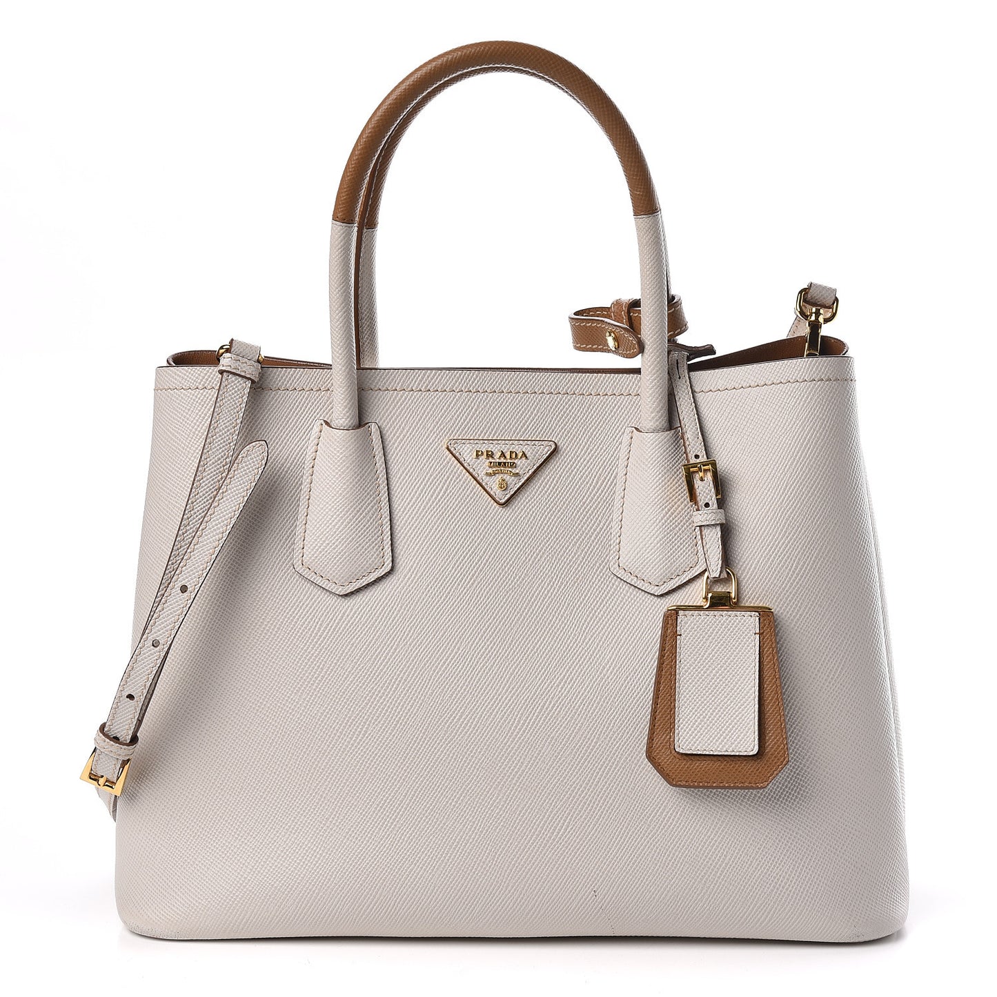 Saffiano Cuir Small Bi-Color Double Bag Talco Caramel