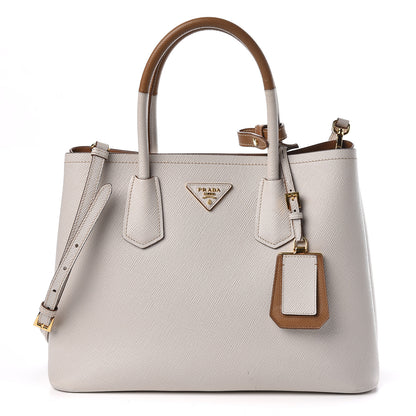 Prada Saffiano Cuir Small Bi-Color Double Bag Talco Caramel 1 of 16