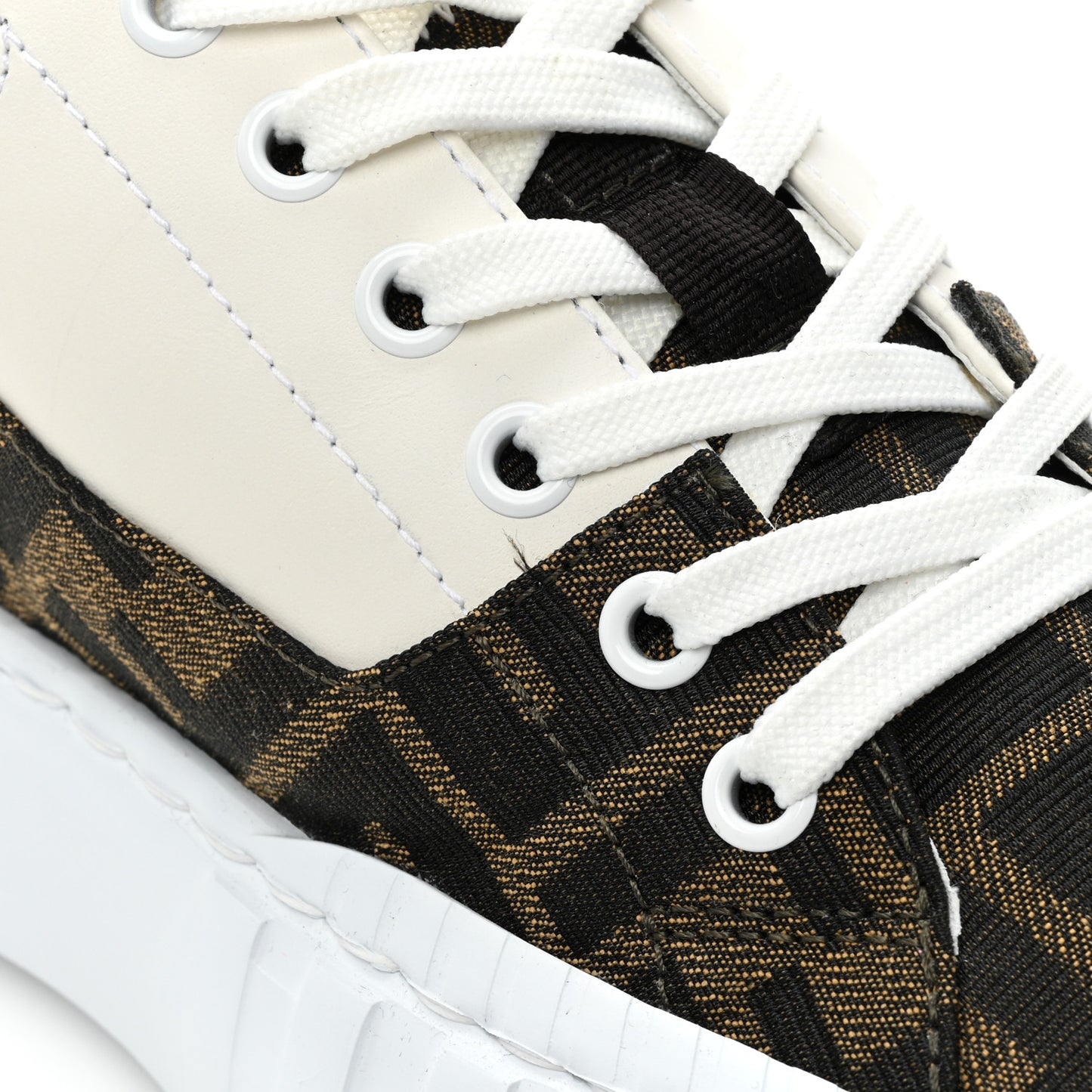 Fabric Jacquard Vitello Technical Fabric FF Womens Fendi Force Low Top Sneakers 38 Tobacco Black Ultrawhite White