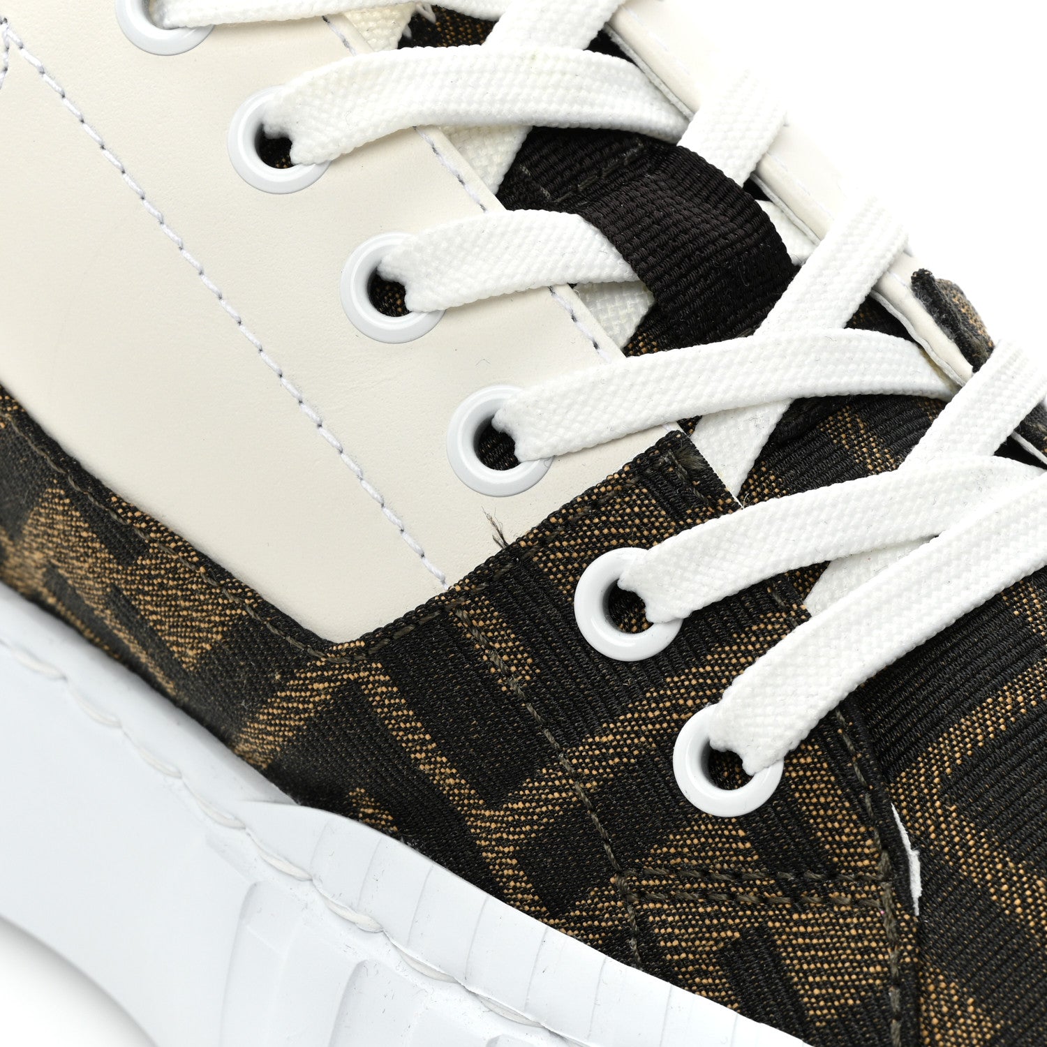 Fendi Fabric Jacquard Vitello Technical Fabric FF Womens Fendi Force Low Top Sneakers 38 Tobacco Black Ultrawhite White 10 of 11