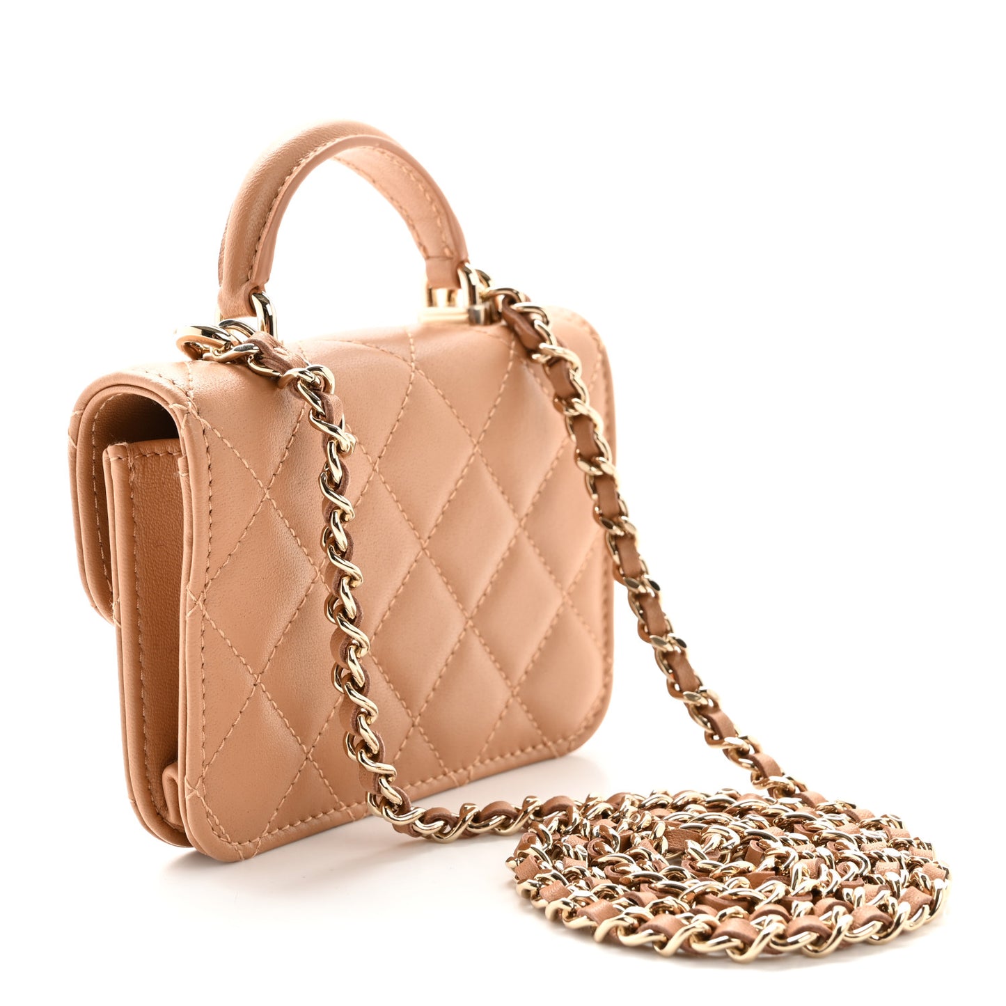 Lambskin Quilted Top Handle Flap Coin Purse With Chain Beige