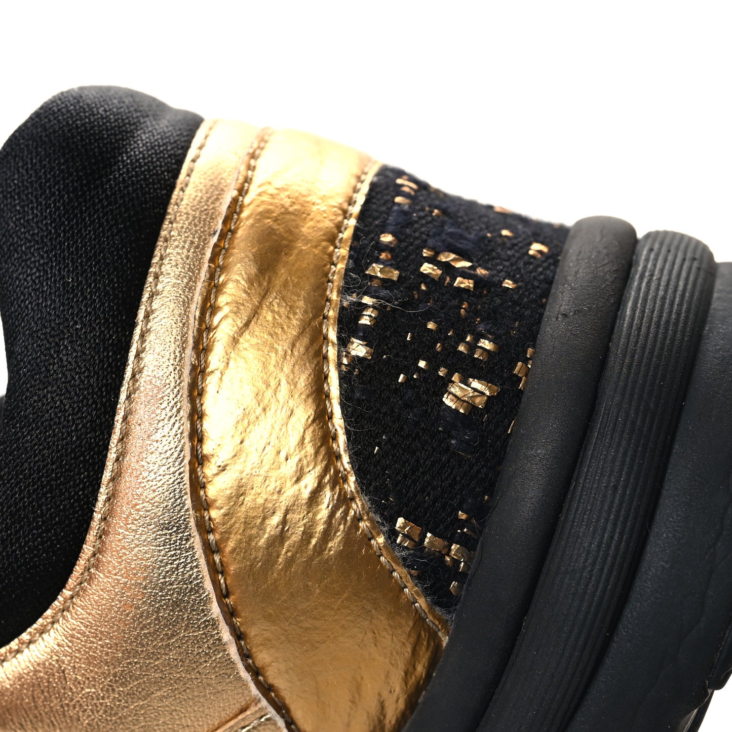 Satin Lambskin Fabric Tweed CC Sneakers 38.5 Gold Black