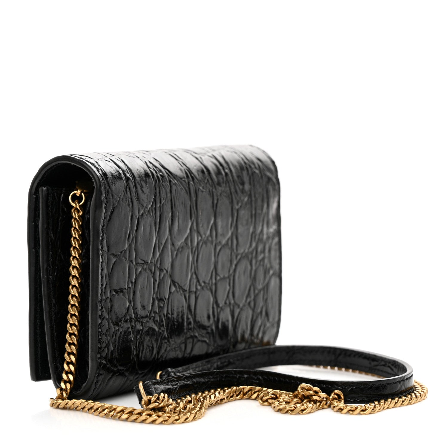 Saint Laurent Calfskin Crocodile Embossed Monogram Chain Card Case Black 3 of 11