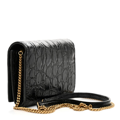 Saint Laurent Calfskin Crocodile Embossed Monogram Chain Card Case Black 3 of 11