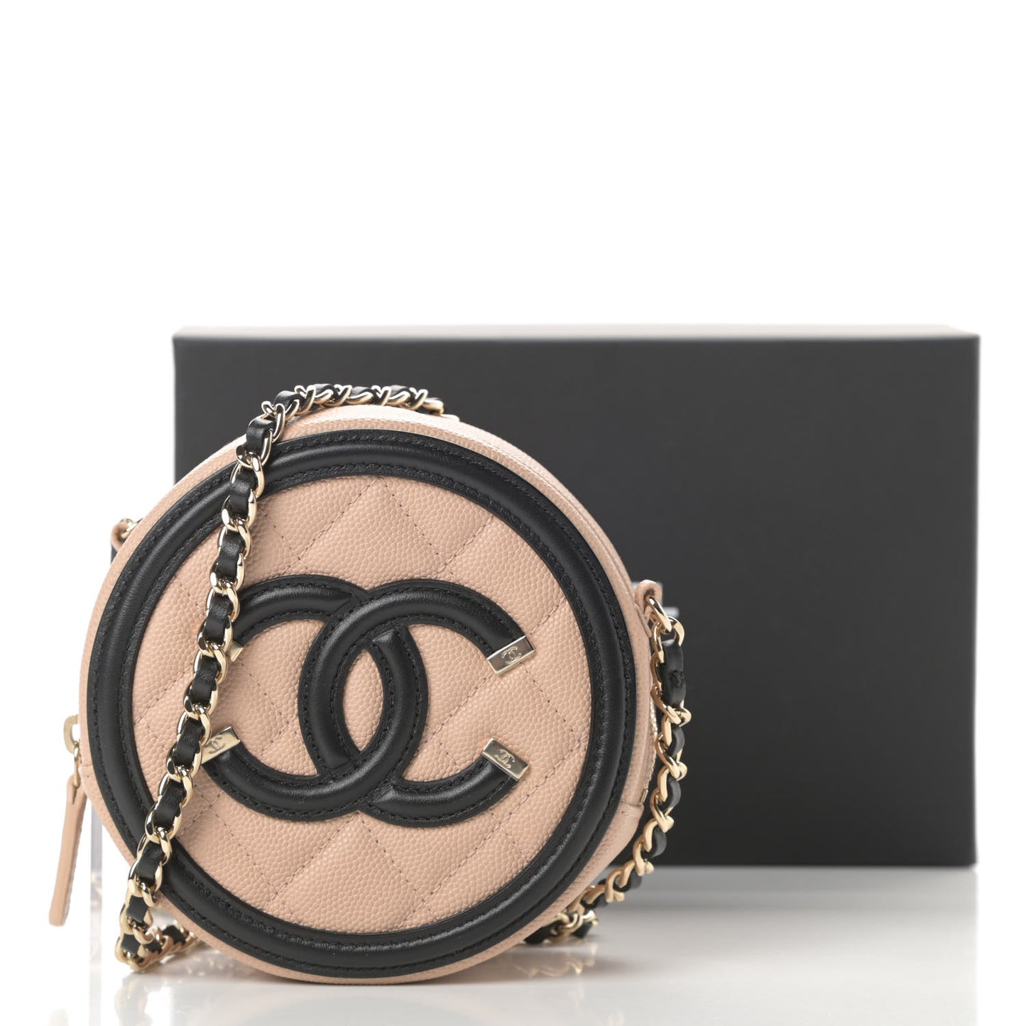 Caviar Quilted Round Filigree Crossbody Beige Black