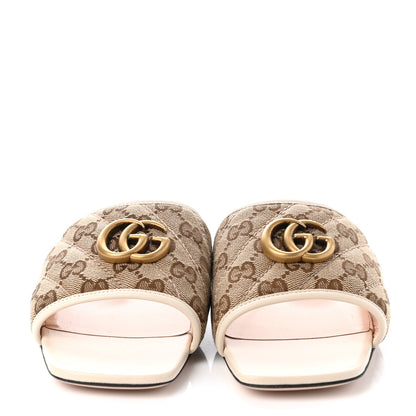Gucci Monogram Matelasse Diagonal GG Marmont Flat Slide Sandals 39 Beige Ebony Mystic White 2 of 8