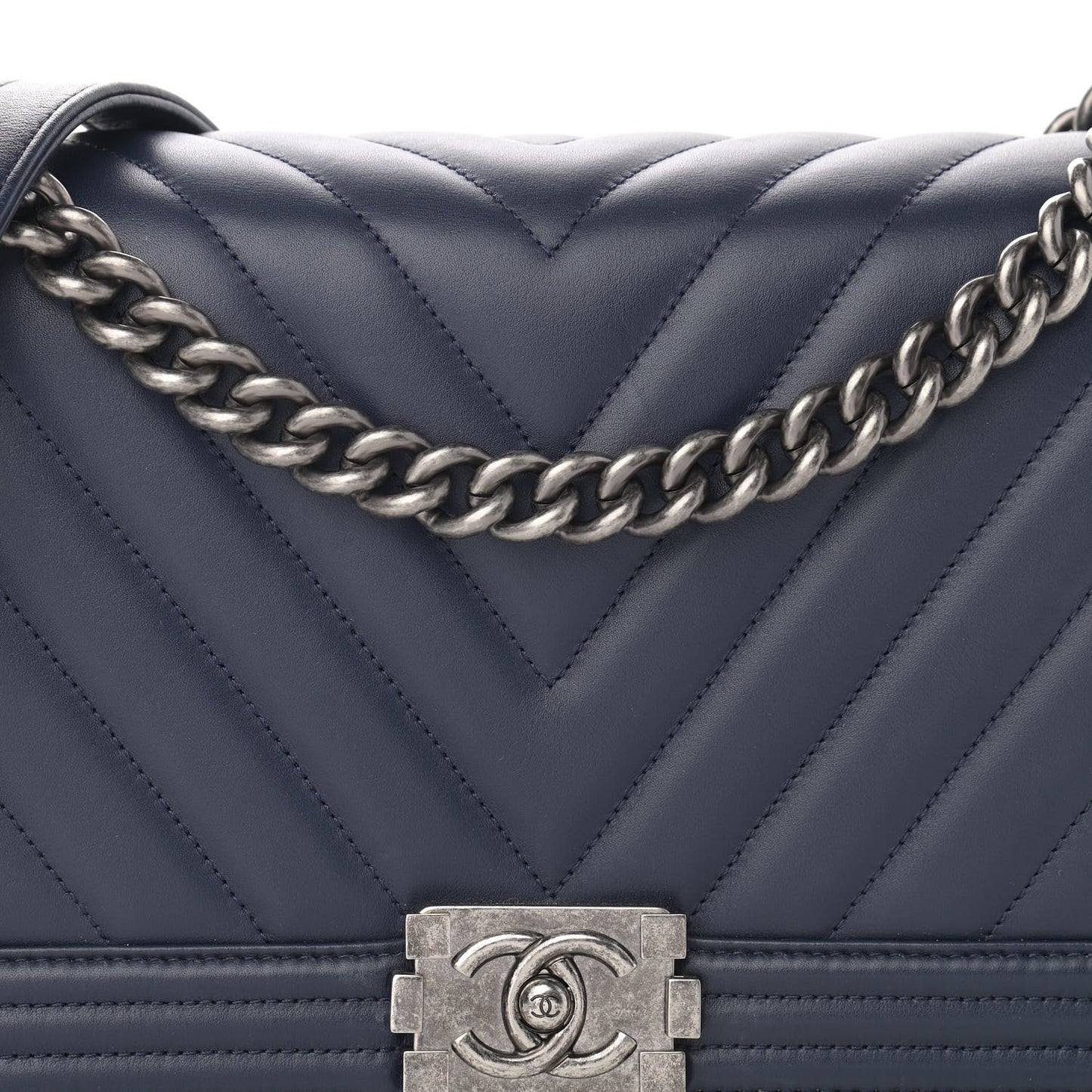 Calfskin Chevron Quilted New Medium Boy Flap Dark Navy Blue