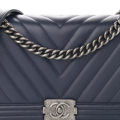 Chanel Calfskin Chevron Quilted New Medium Boy Flap Dark Navy Blue 8 of 12