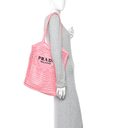 Prada Yarn Raffia Effect Crochet Logo Embroidered Tote Bag Petalo 2 of 11