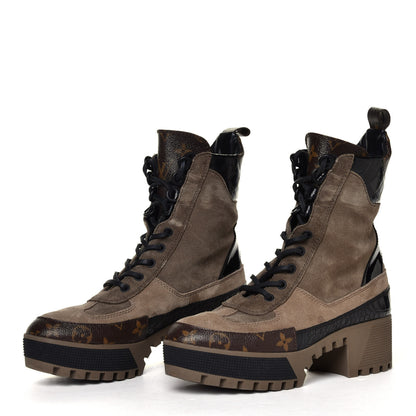 Louis Vuitton Suede Calfskin Monogram Laureate Platform Desert Boots 37.5 Taupe 2 of 6
