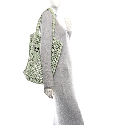 Prada Yarn Raffia Effect Crochet Logo Embroidered Tote Bag Acqua 2 of 9