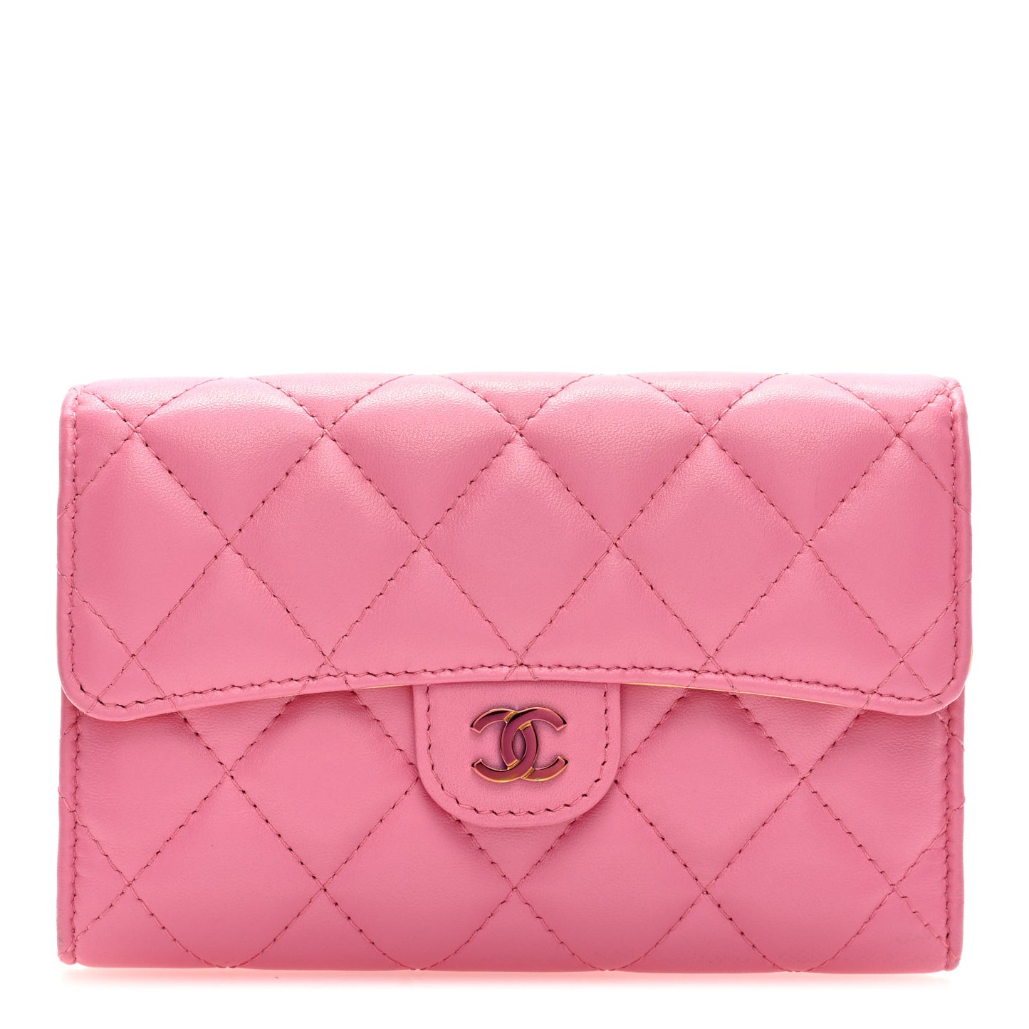 Lambskin Quilted Medium Flap Wallet Pink Yellow