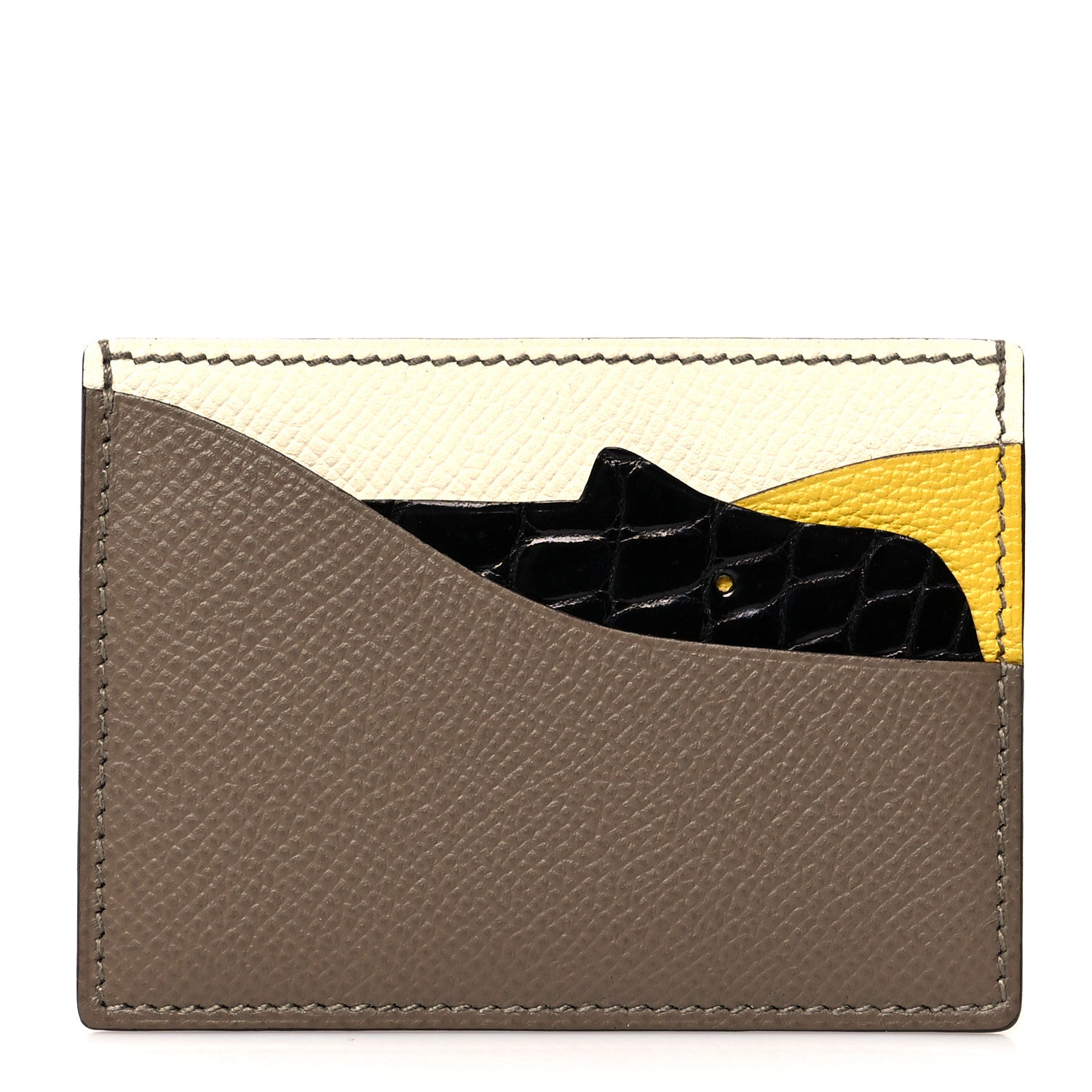Hermes Epsom Chevre Mysore Crocodile Hippopotame Petit H Card Case Etoupe Craie Black 1 of 7