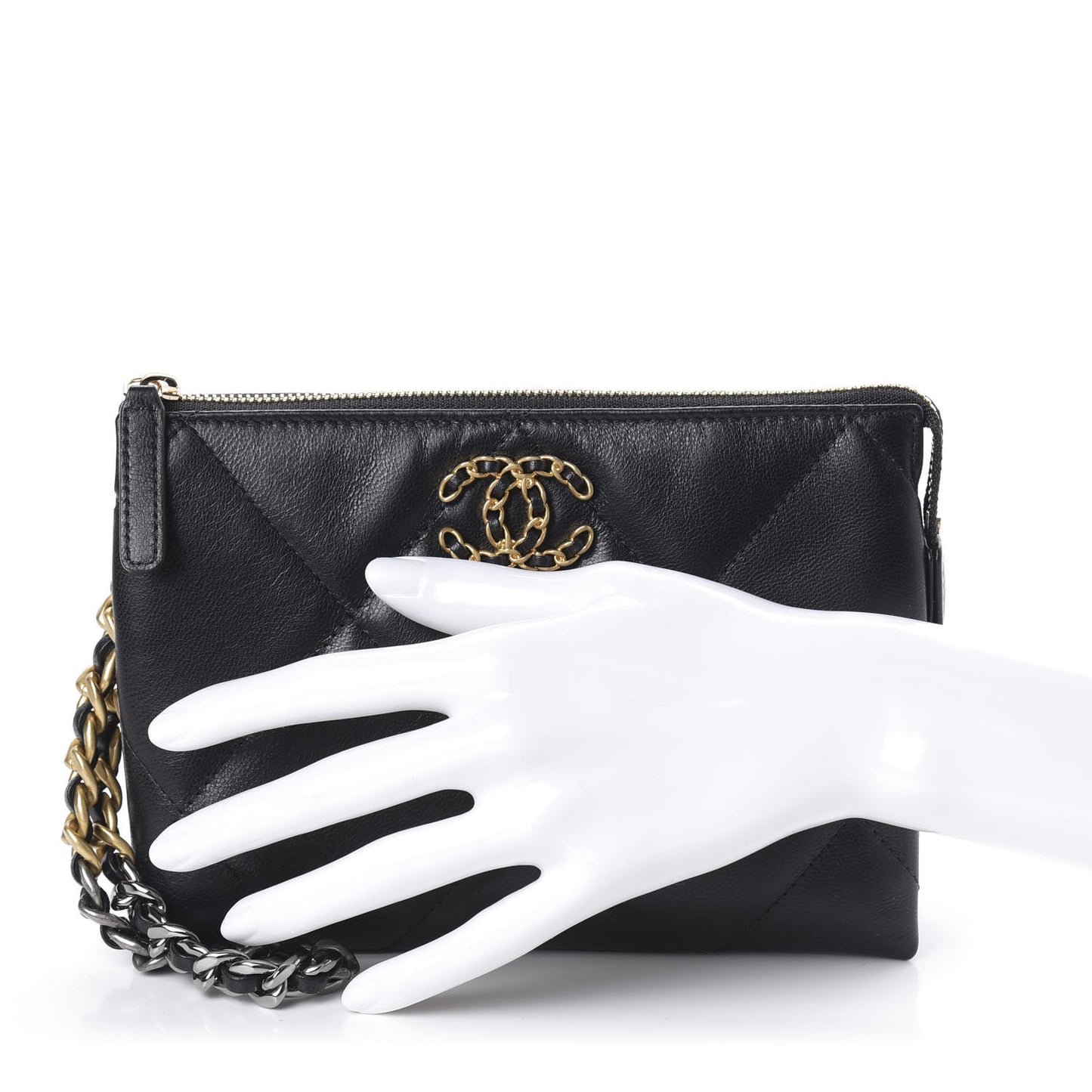 Shiny Goatskin Quilted Small Chanel 19 Pouch With Handle Black