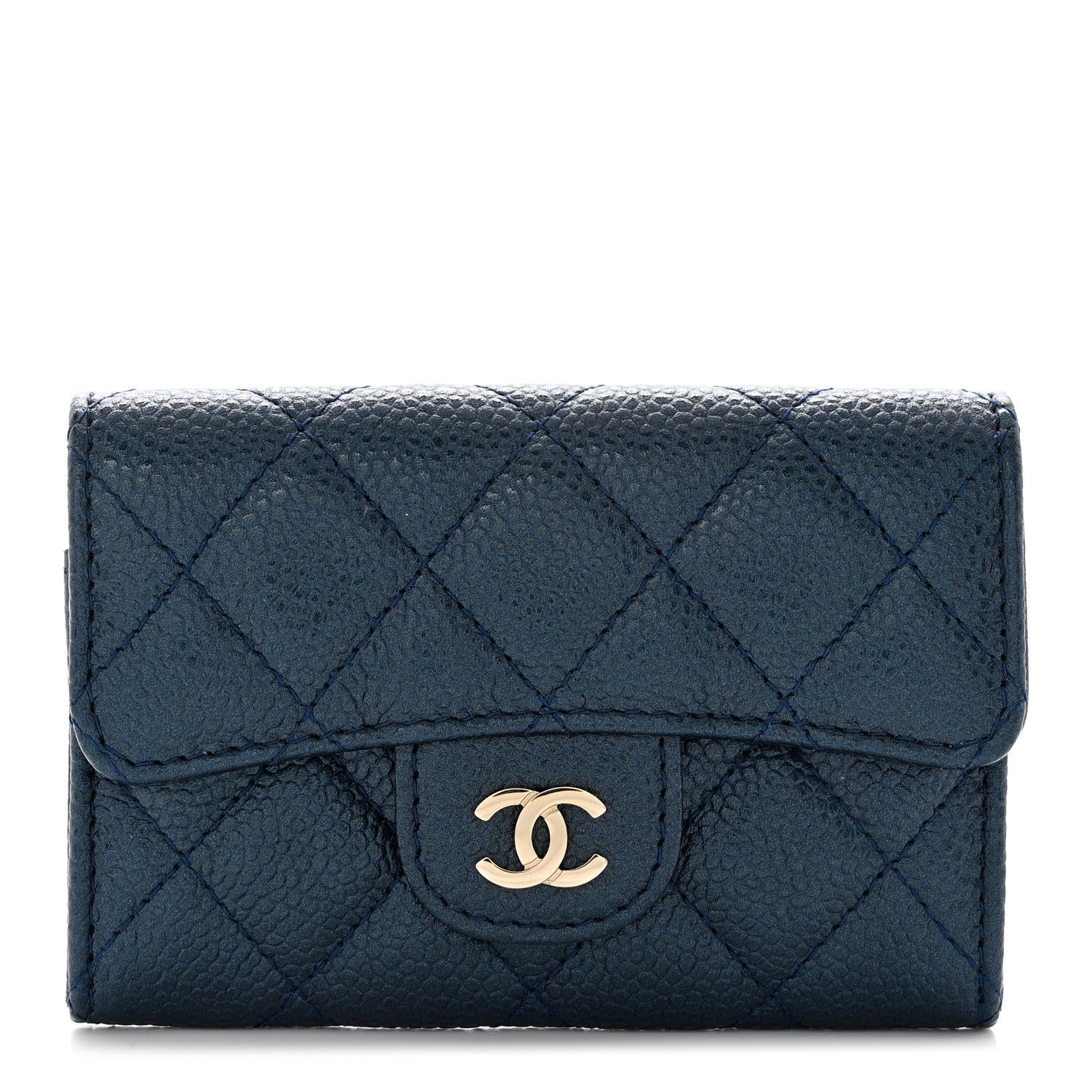 Chanel Metallic Caviar Quilted Flap Card Holder Wallet Dark Blue 1 of 7