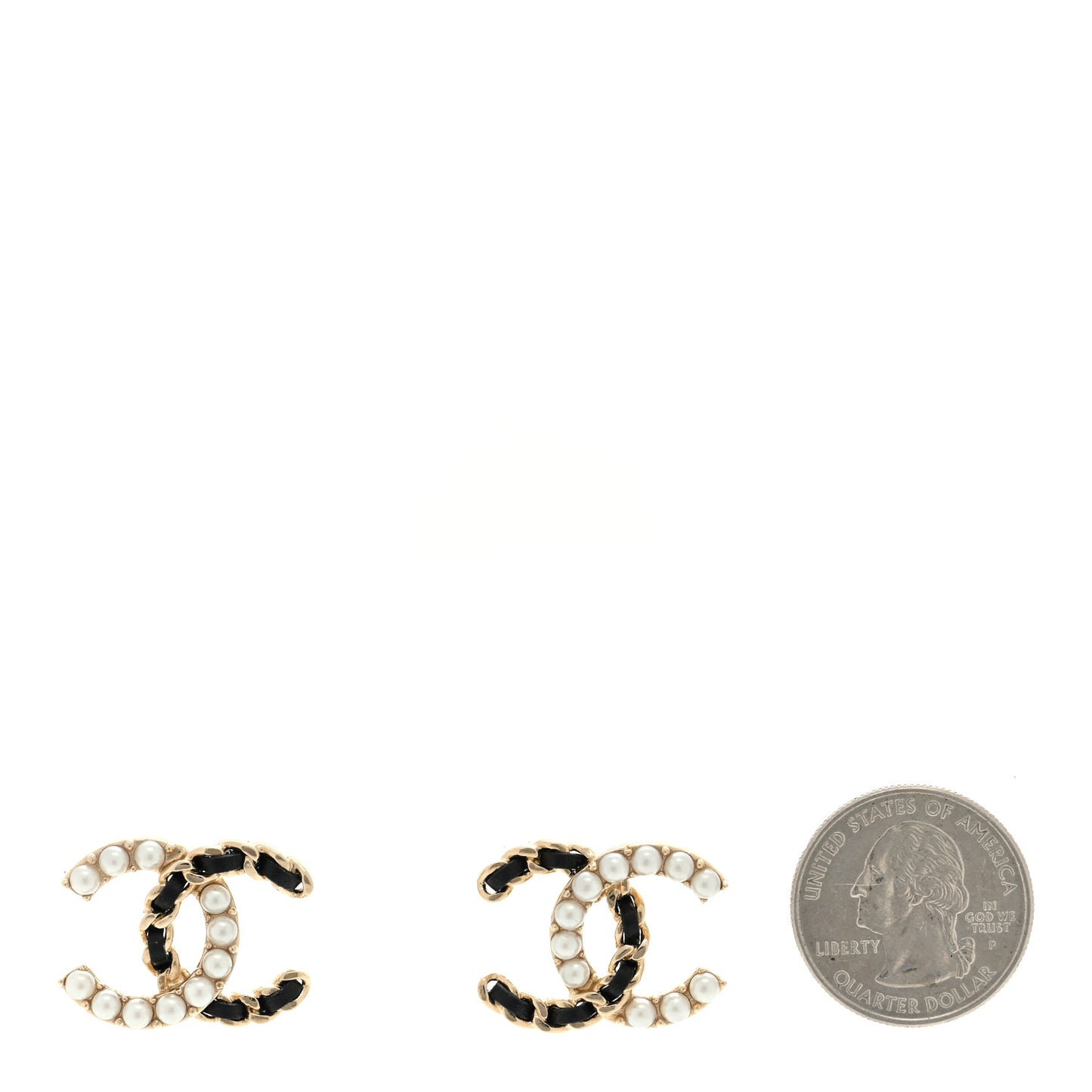 Pearl Lambskin Chain CC Stud Earrings Gold Black