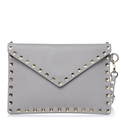 Valentino Garavani Pebbled Calfskin Medium Rockstud Envelope Flat Wristlet Pouch Grey 1 of 8