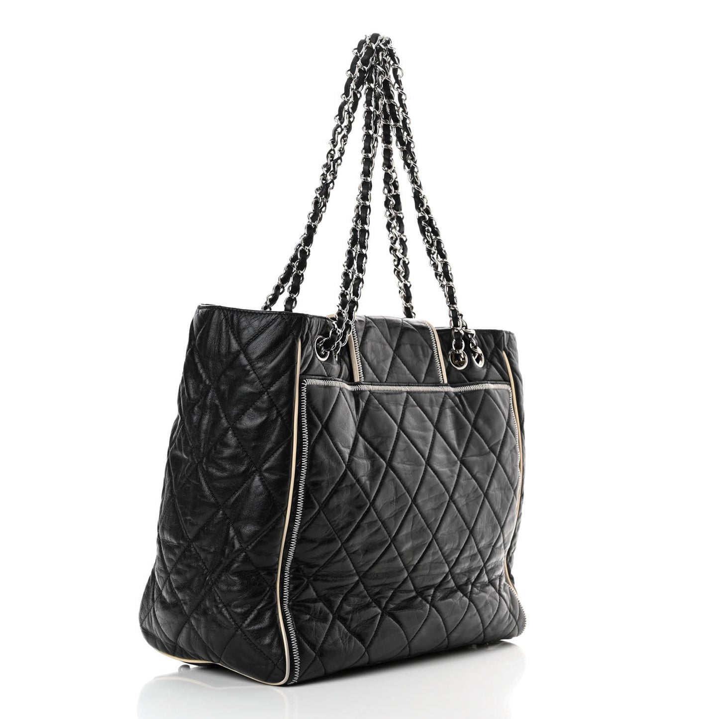 Glazed Lambskin Quilted Large North South Tote Black