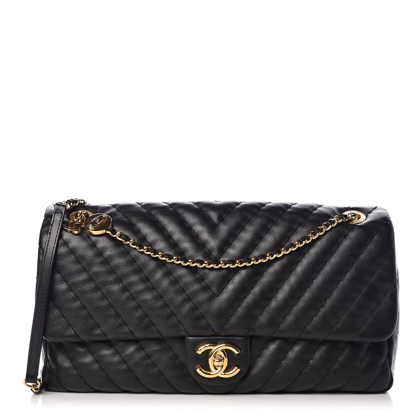 Calfskin Surpique Chevron Large Flap Black