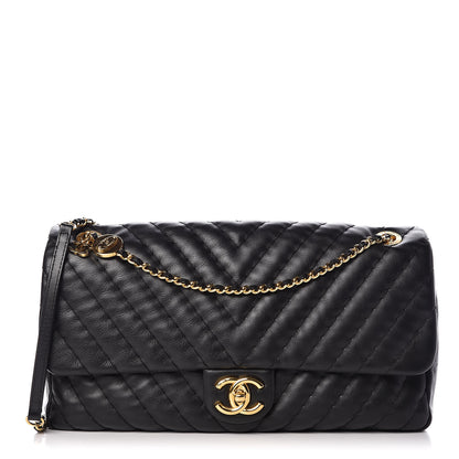 Chanel Calfskin Surpique Chevron Large Flap Black 1 of 10