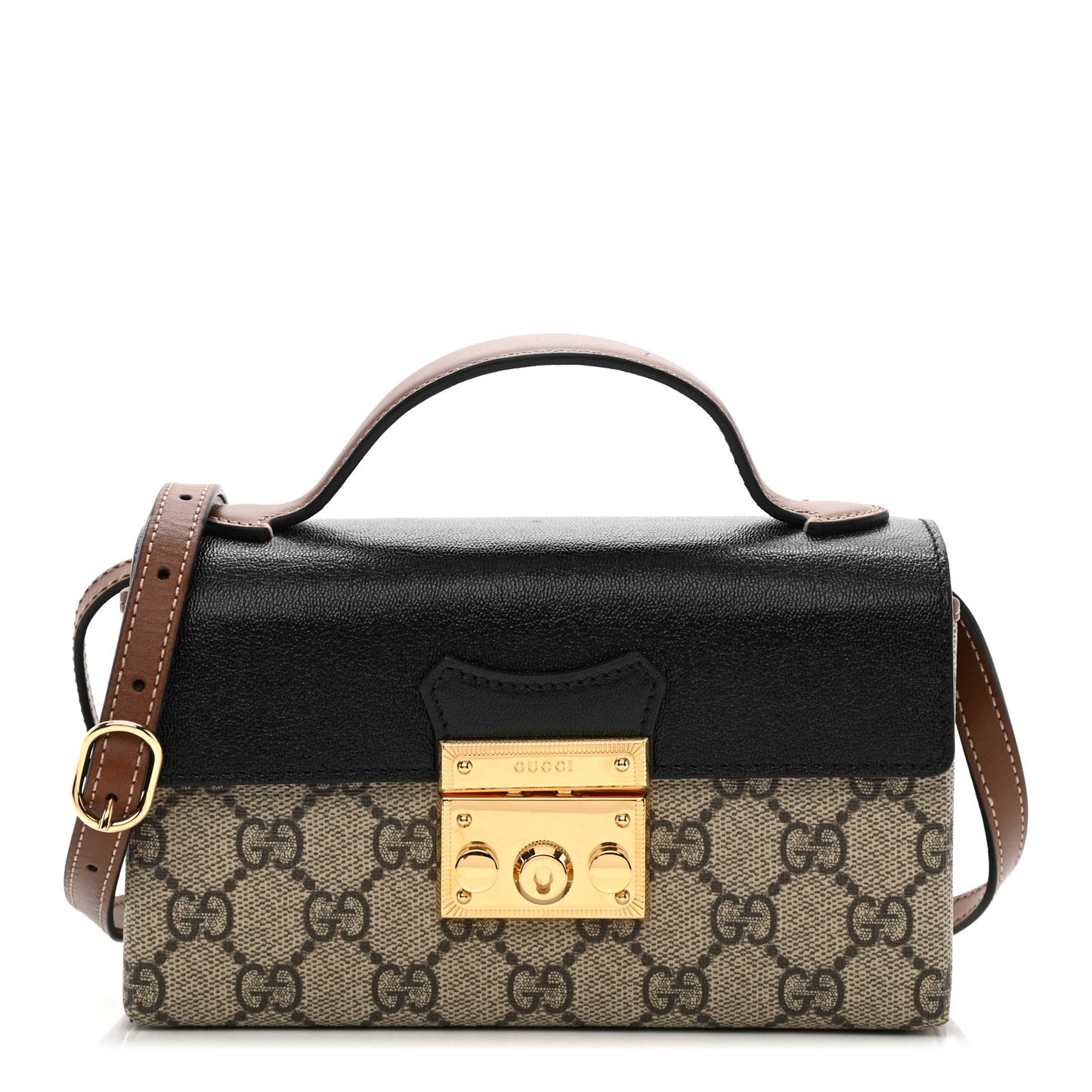 GG Supreme Monogram Calfskin Mini Padlock Top Handle Shoulder Bag Beige Black Cuir