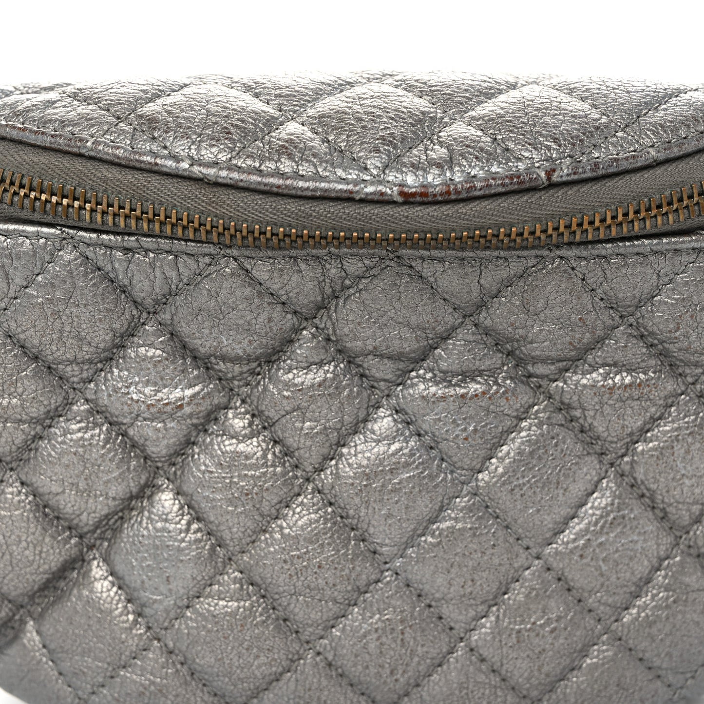 Metallic Calfskin Quilted Banane Waist Bag Fanny Pack Dark Silver