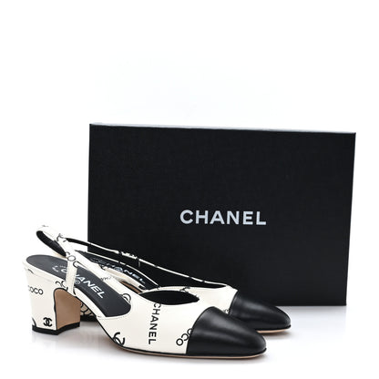 Chanel Printed Lambskin Cap Toe CC Slingback Pumps 38 Black White 10 of 10
