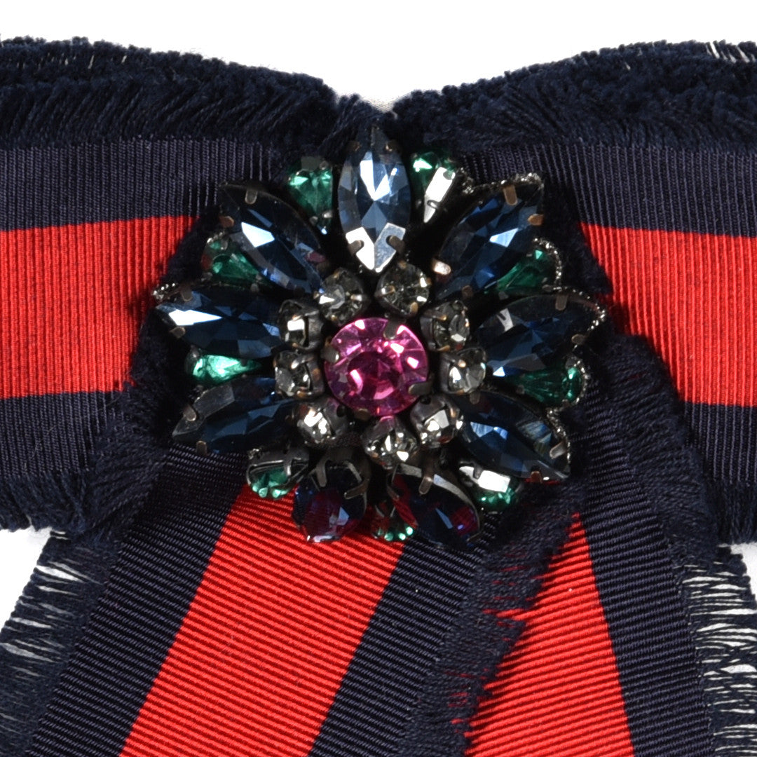 Grosgrain Web Crystal Bow Brooch Blue Red
