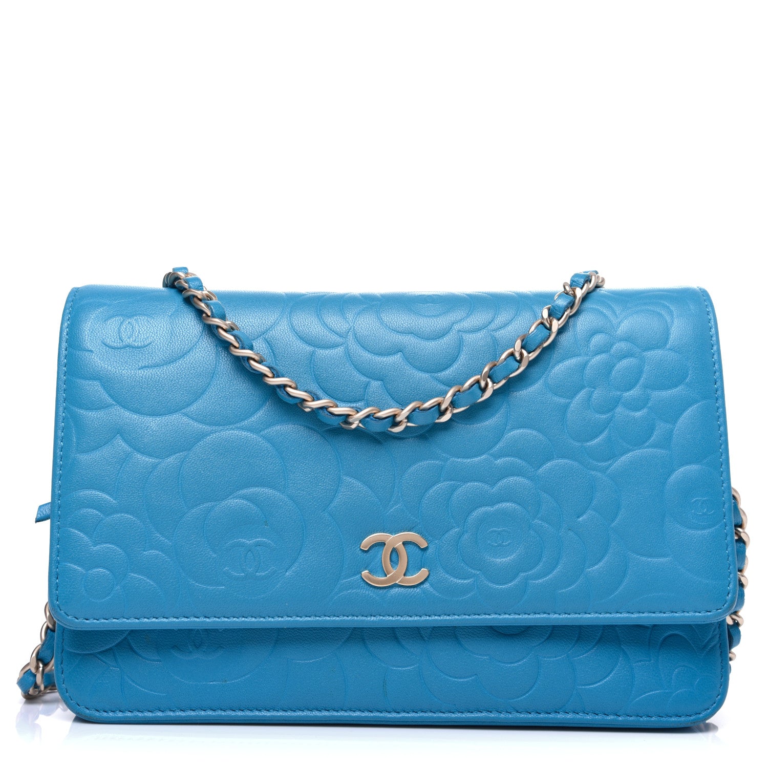 Chanel Lambskin Camellia Embossed Wallet On Chain WOC Turquoise 1 of 12