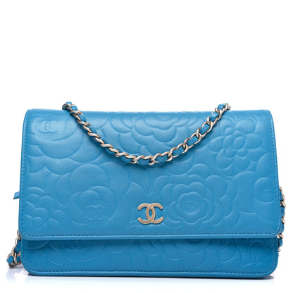 Chanel Lambskin Camellia Embossed Wallet On Chain WOC Turquoise 1 of 12