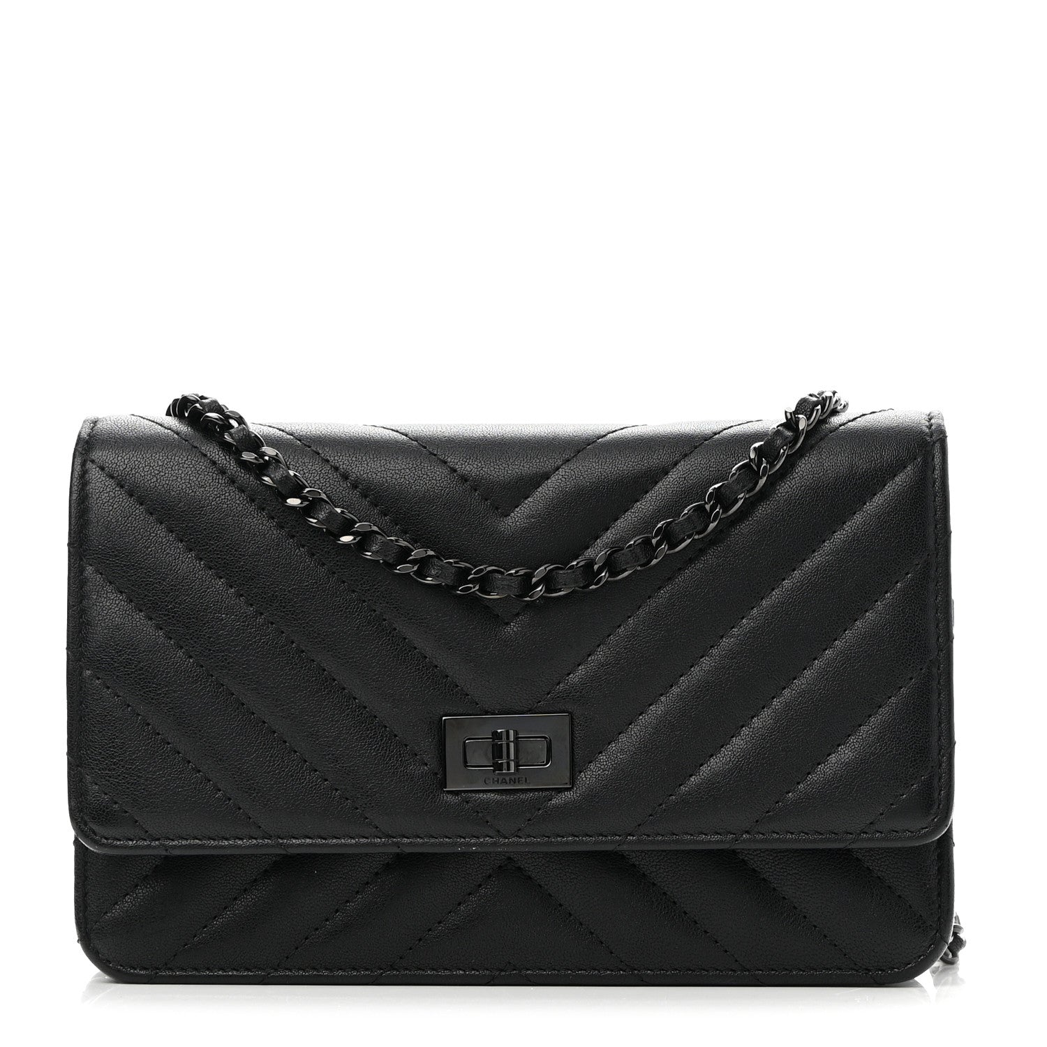 Chanel Sheepskin Chevron Reissue Wallet On Chain WOC So Black 1 of 10