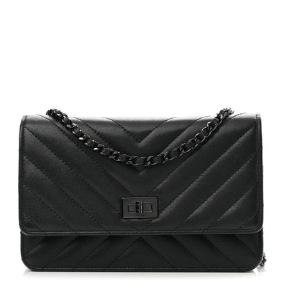 Chanel Sheepskin Chevron Reissue Wallet On Chain WOC So Black 1 of 10