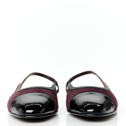 Chanel Suede Patent Crystal CC Cap Toe Slingback Flats 37.5 Burgundy Black 3 of 11