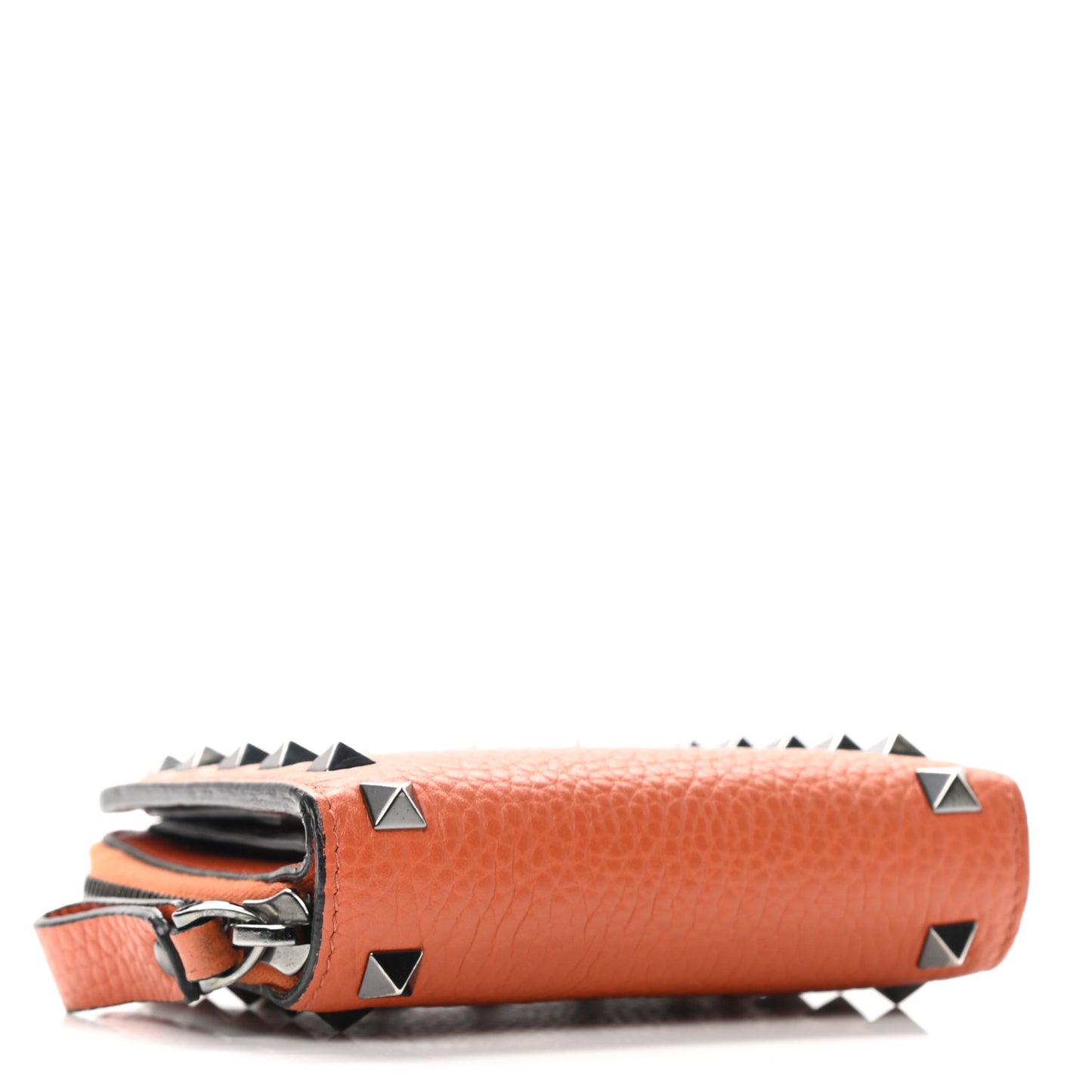 Pebbled Calfskin Rockstud Compact Zip Around Wallet Orange