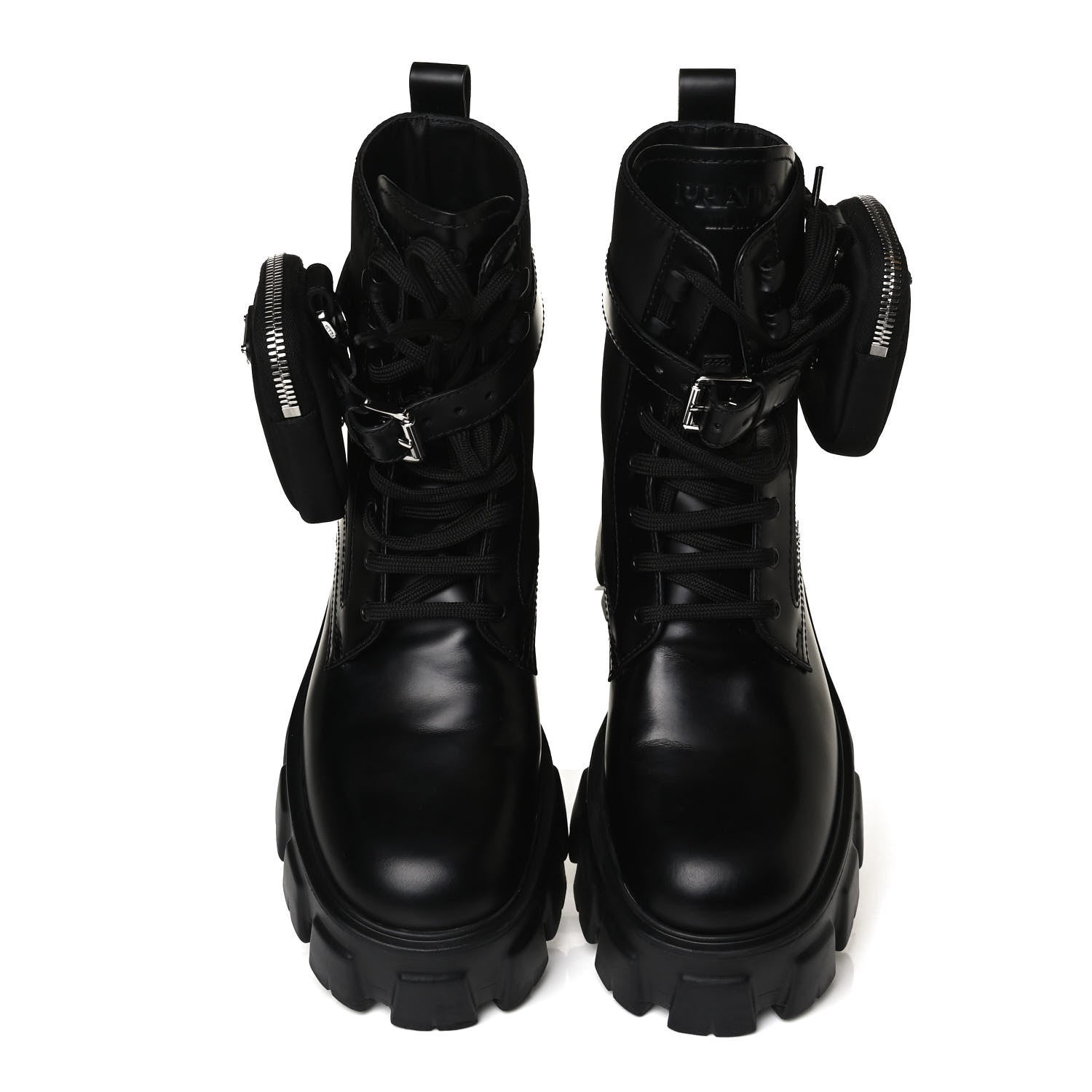 Prada Spazzolato Rois Nylon Metal Triangle Logo Monolith Pouch Pocket 55mm Boots 38 Black 5 of 14