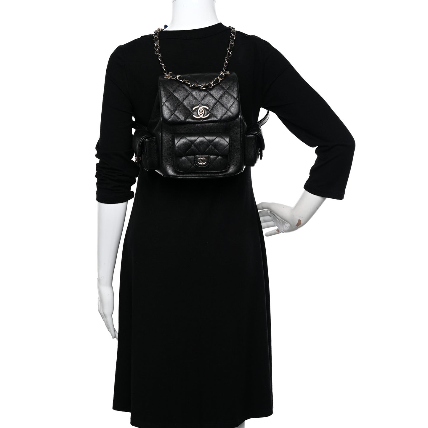 Shiny Caviar Quilted Small Pockets Drawstring Backpack Black
