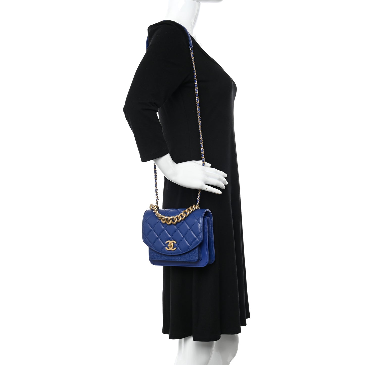 Calfskin Caviar Quilted Mini Chain Handle Flap Blue