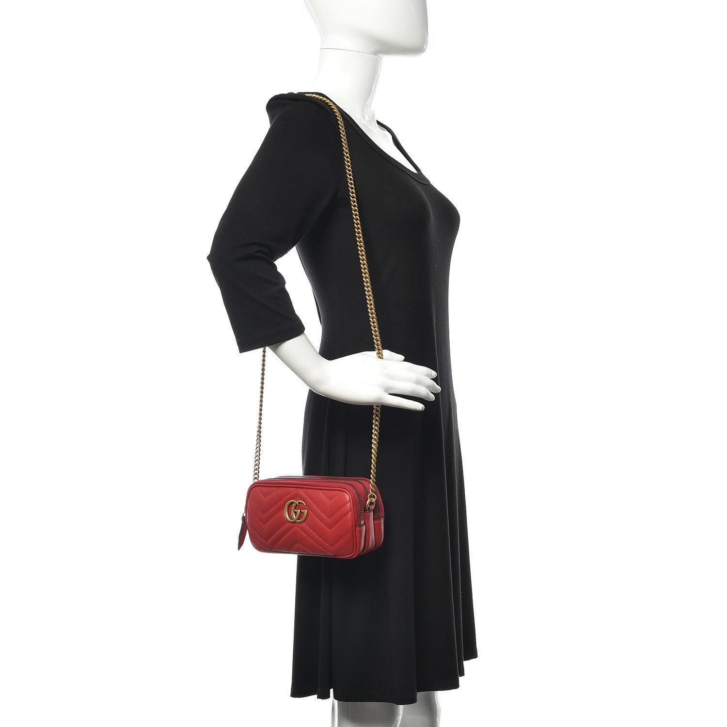 Gucci Calfskin Matelasse Mini GG Marmont Chain Crossbody Bag Hibiscus Red 2 of 13