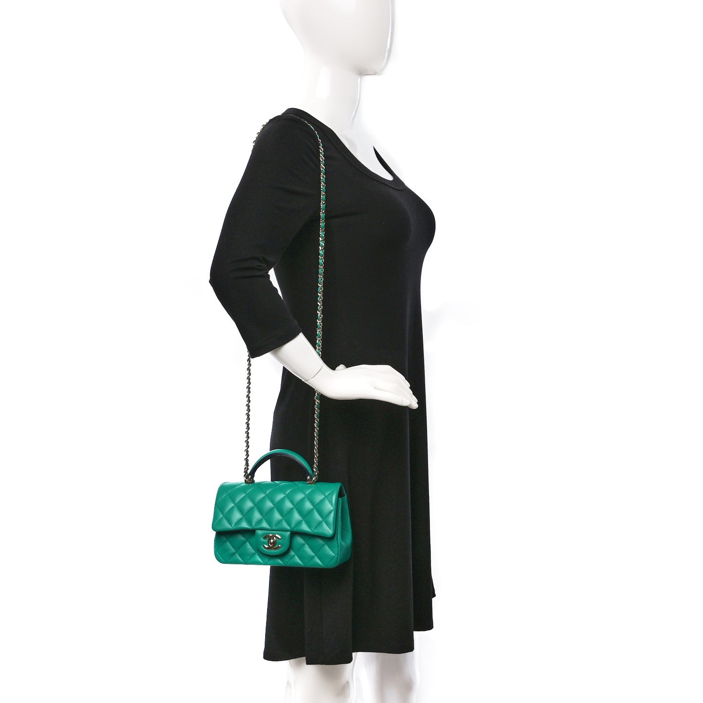 Lambskin Quilted Bi-Color Mini Top Handle Rectangular Flap Green Dark Blue