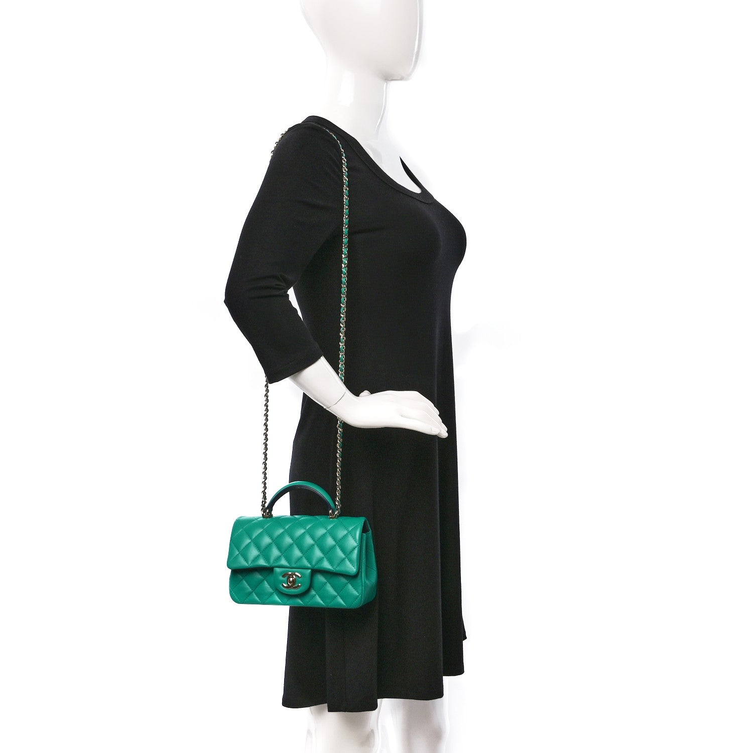 Chanel Lambskin Quilted Bi-Color Mini Top Handle Rectangular Flap Green Dark Blue 2 of 10