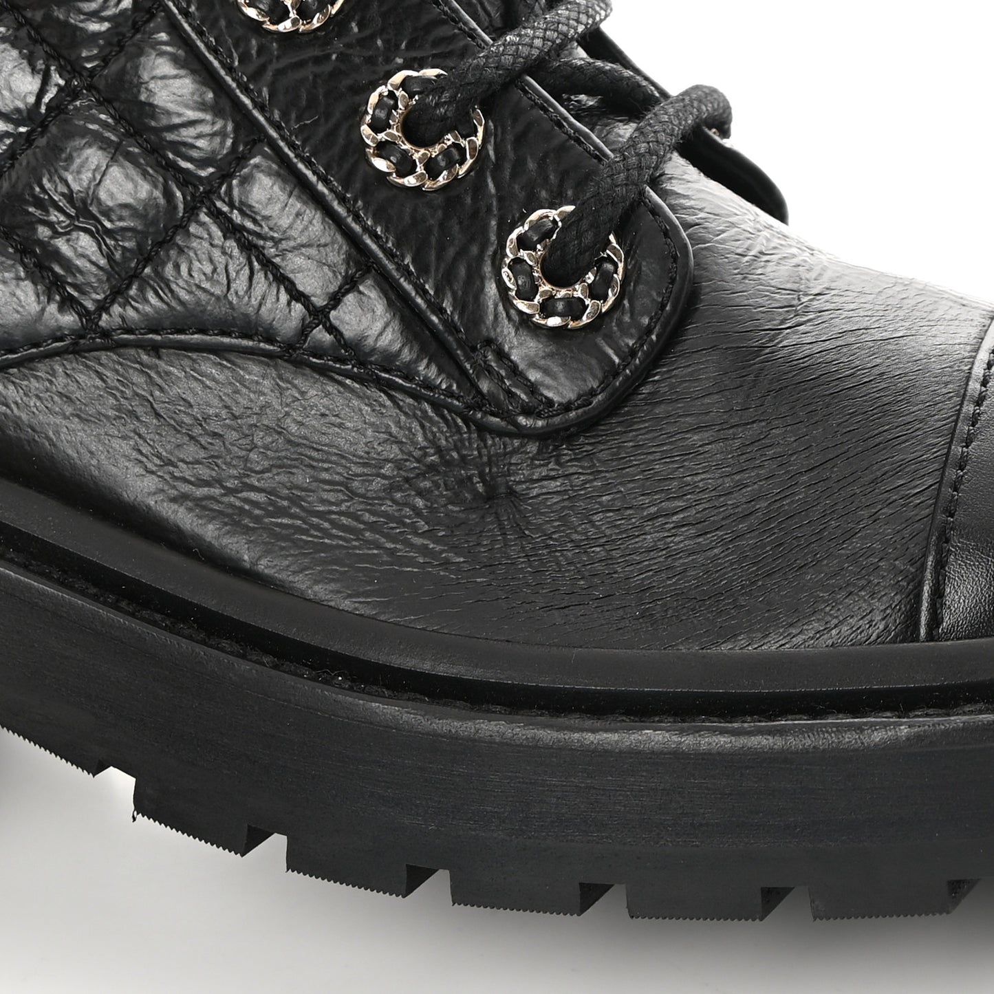 Shiny Goatskin Calfskin Quilted Lace Up Combat Boots 35.5 Black