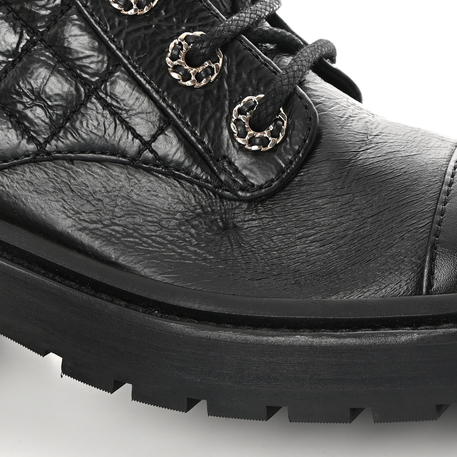 Chanel Shiny Goatskin Calfskin Quilted Lace Up Combat Boots 35.5 Black 10 of 10