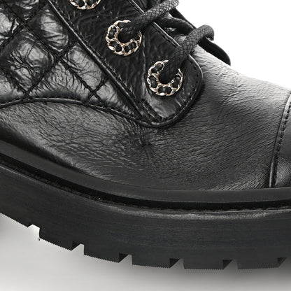 Chanel Shiny Goatskin Calfskin Quilted Lace Up Combat Boots 35.5 Black 10 of 10