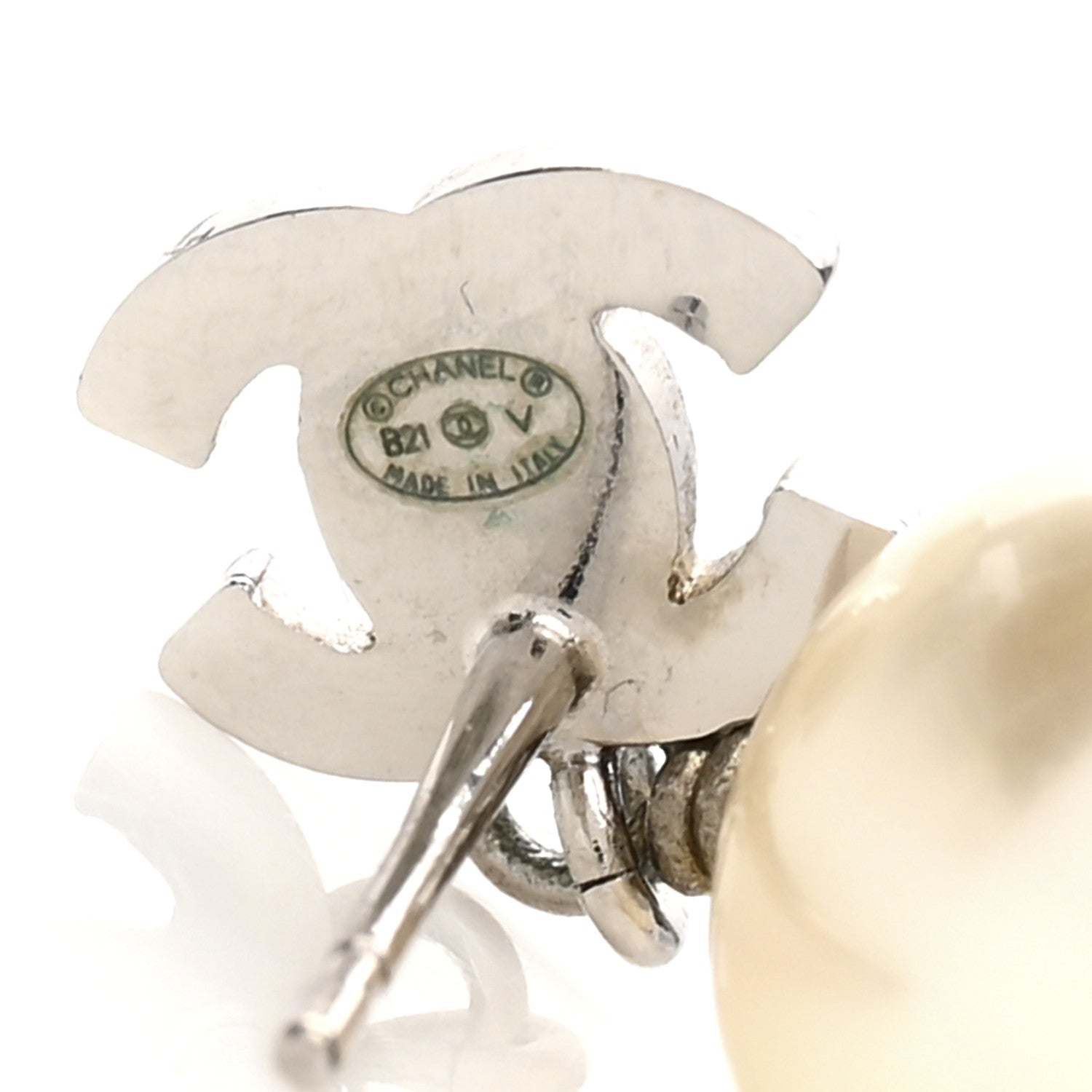 Chanel Crystal Pearl CC Drop Earrings Silver Pearly White 4 of 5