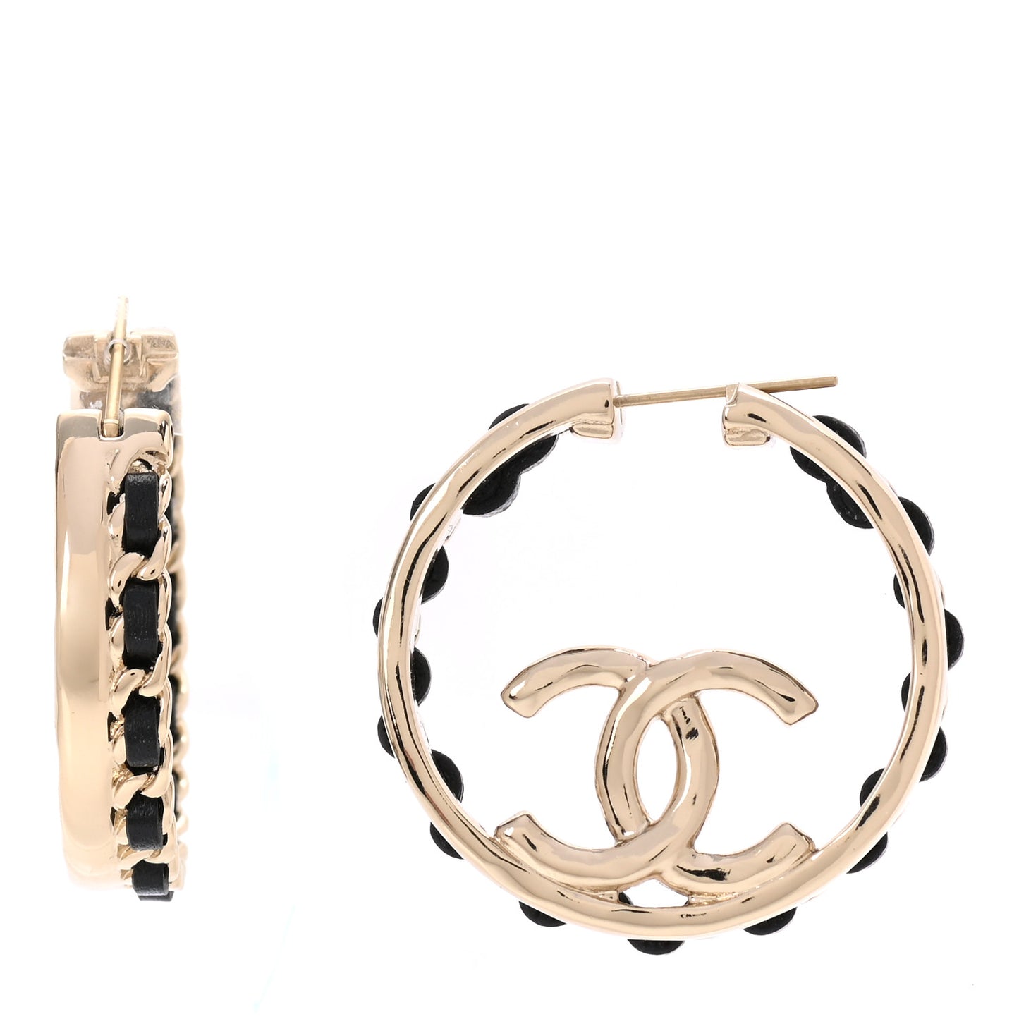 Lambskin CC Chain Hoop Earrings Black Gold