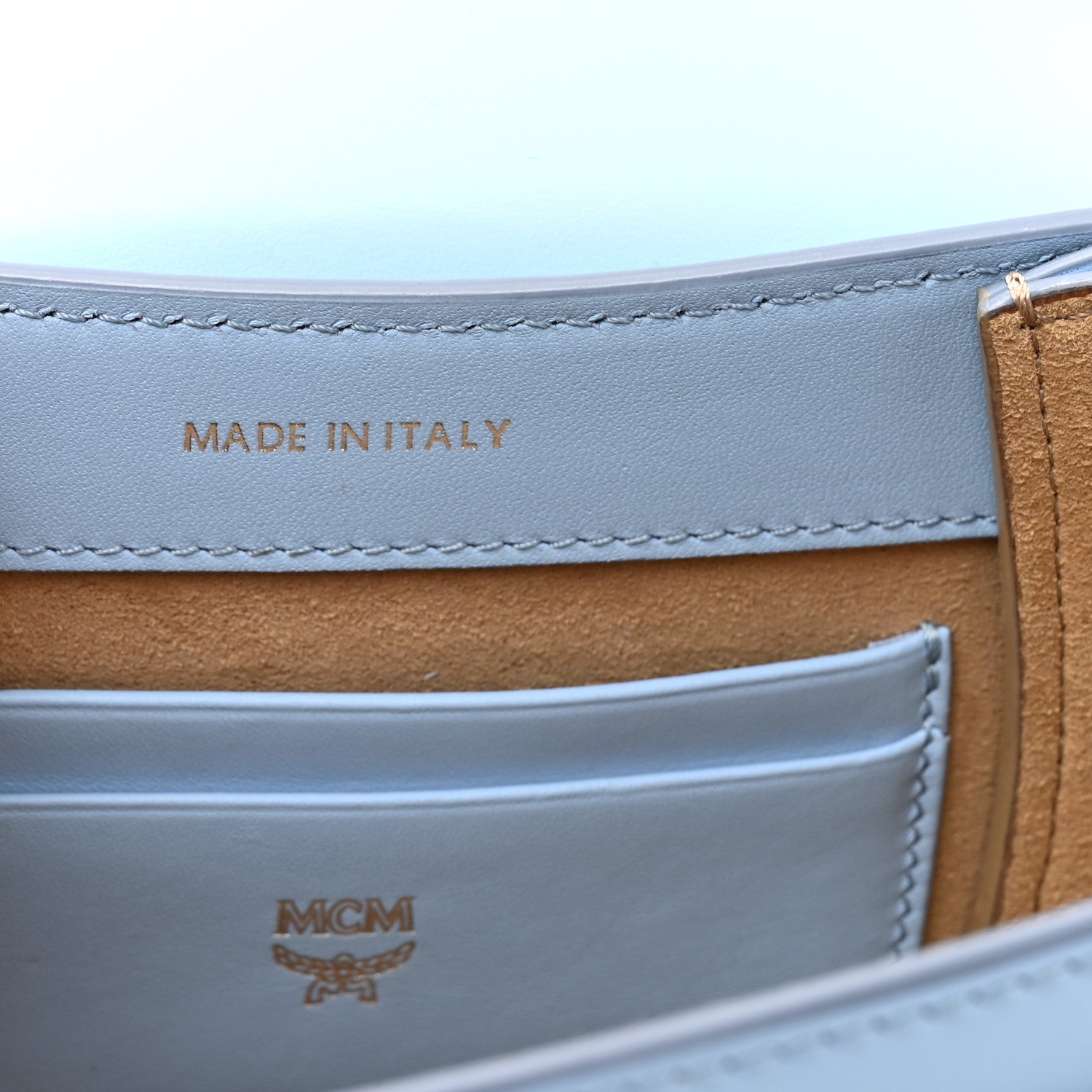 MCM Visetos Mini Patricia Crossbody Bag Light Blue Red 6 of 12