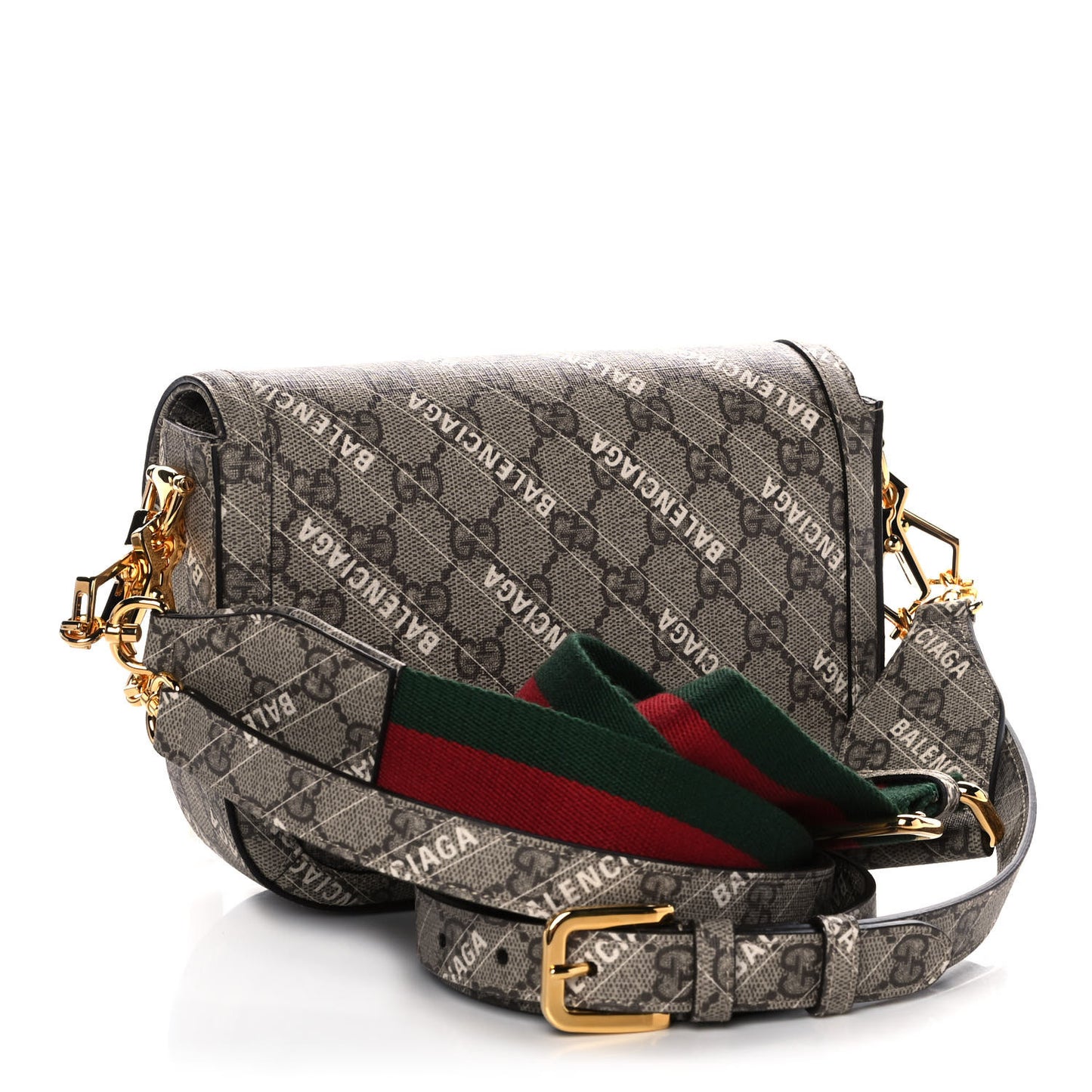 X BALENCIAGA GG Supreme Monogram Web Logo Print Mini Horsebit 1955 Shoulder Bag Beige Ebony