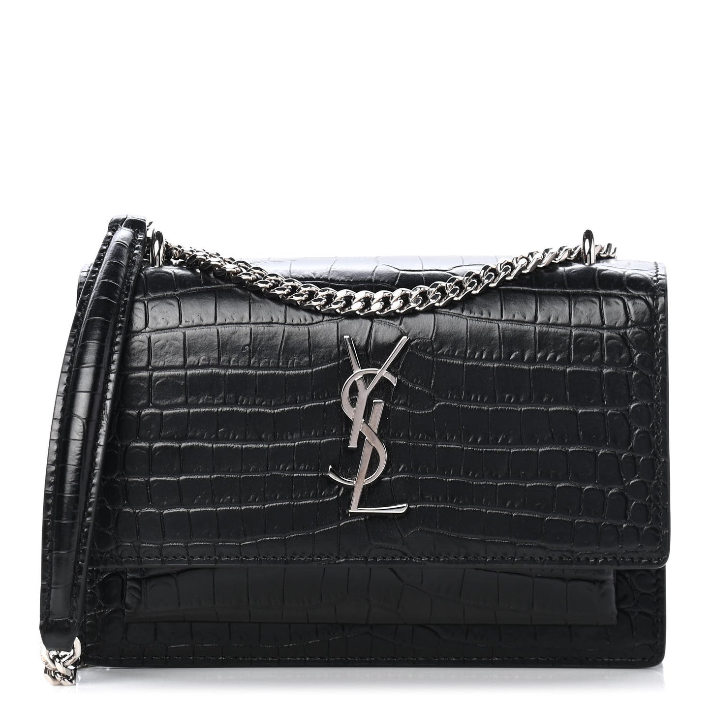 Calfskin Crocodile Embossed Monogram Sunset Chain Wallet Black