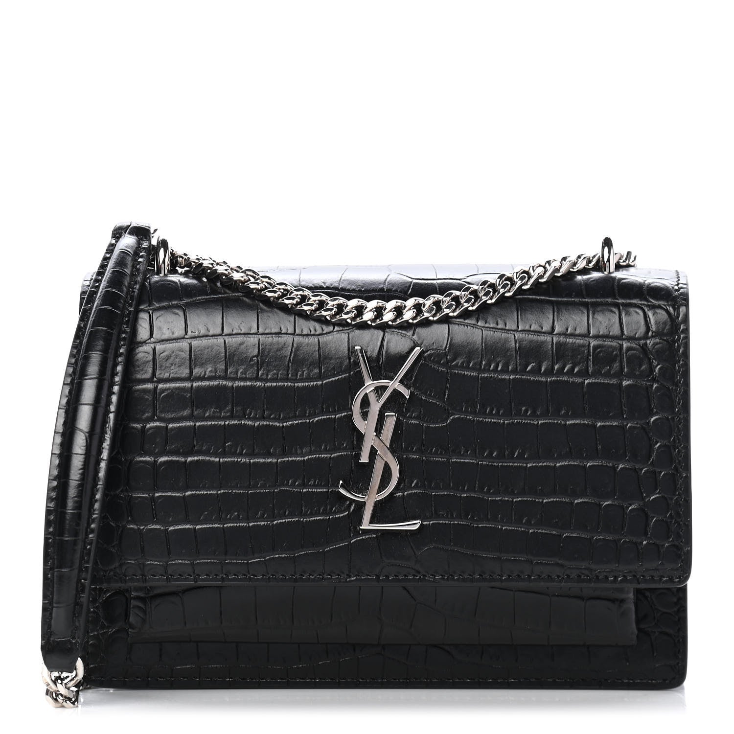 Saint Laurent Calfskin Crocodile Embossed Monogram Sunset Chain Wallet Black 1 of 10